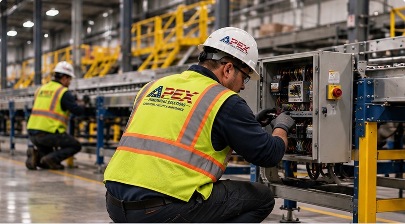 Apex technician inspecting a conveyor electrical control panel