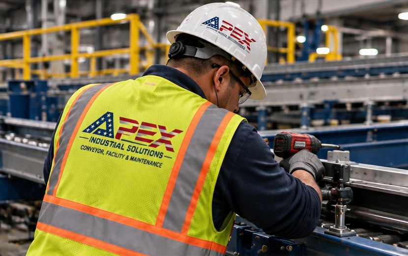 Apex technician servicing a conveyor with a power tool